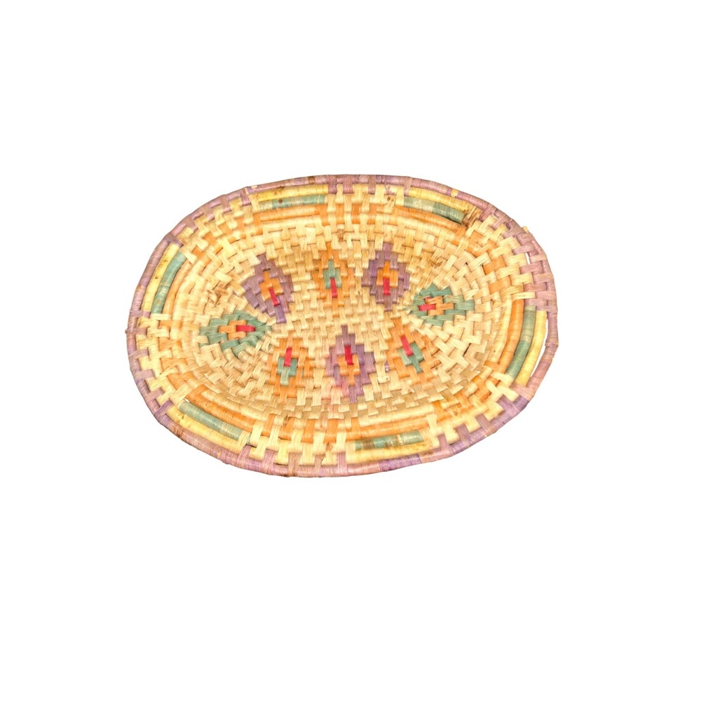 Vintage Hand Woven Oval Basket Tray Geometric Boho Wall Decor Colorful‎ 15x11